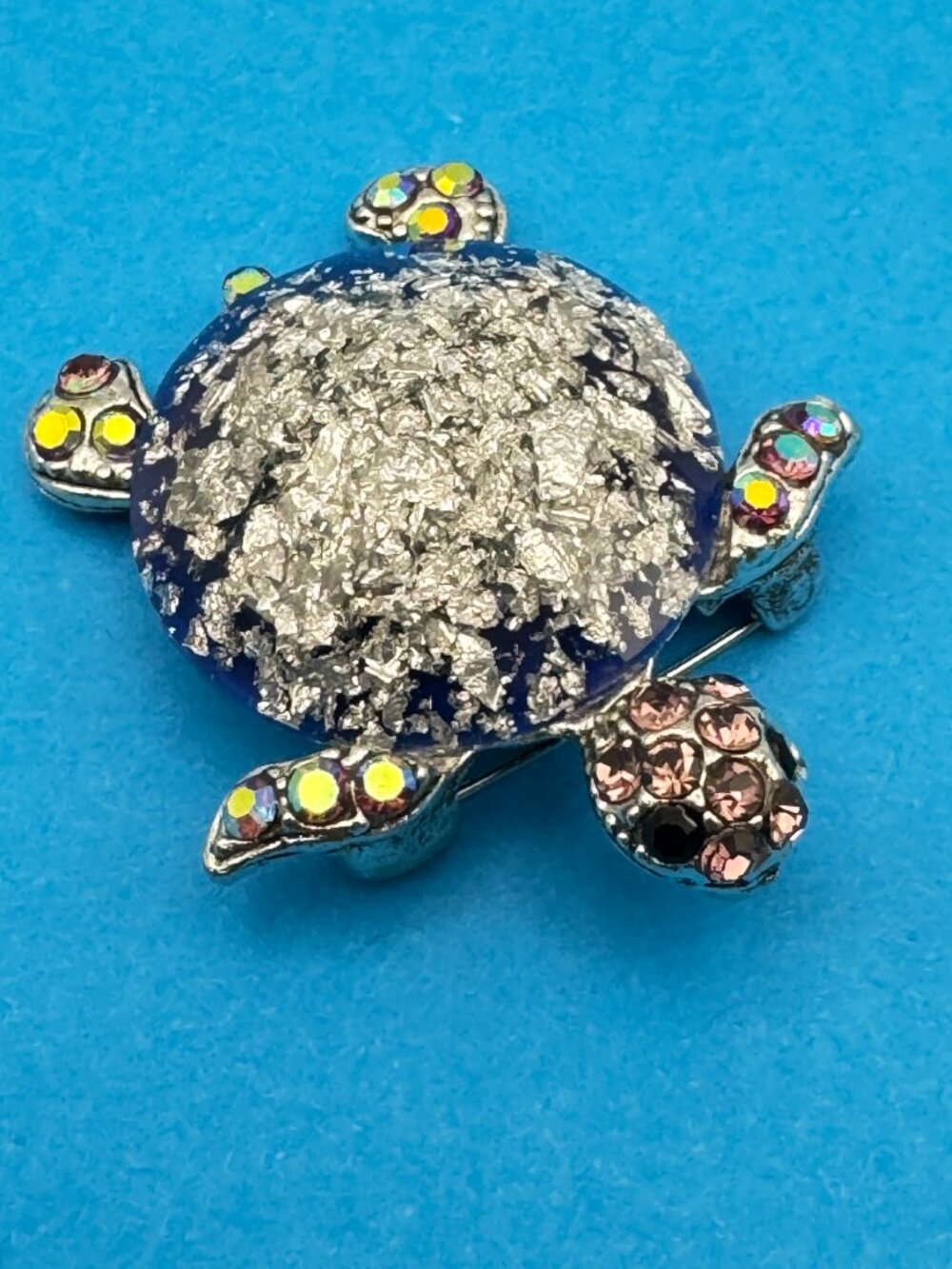 Turtle Brooch Pin Silver Tone Blue Shell Multicolor Rhinestone Bail For Pendant